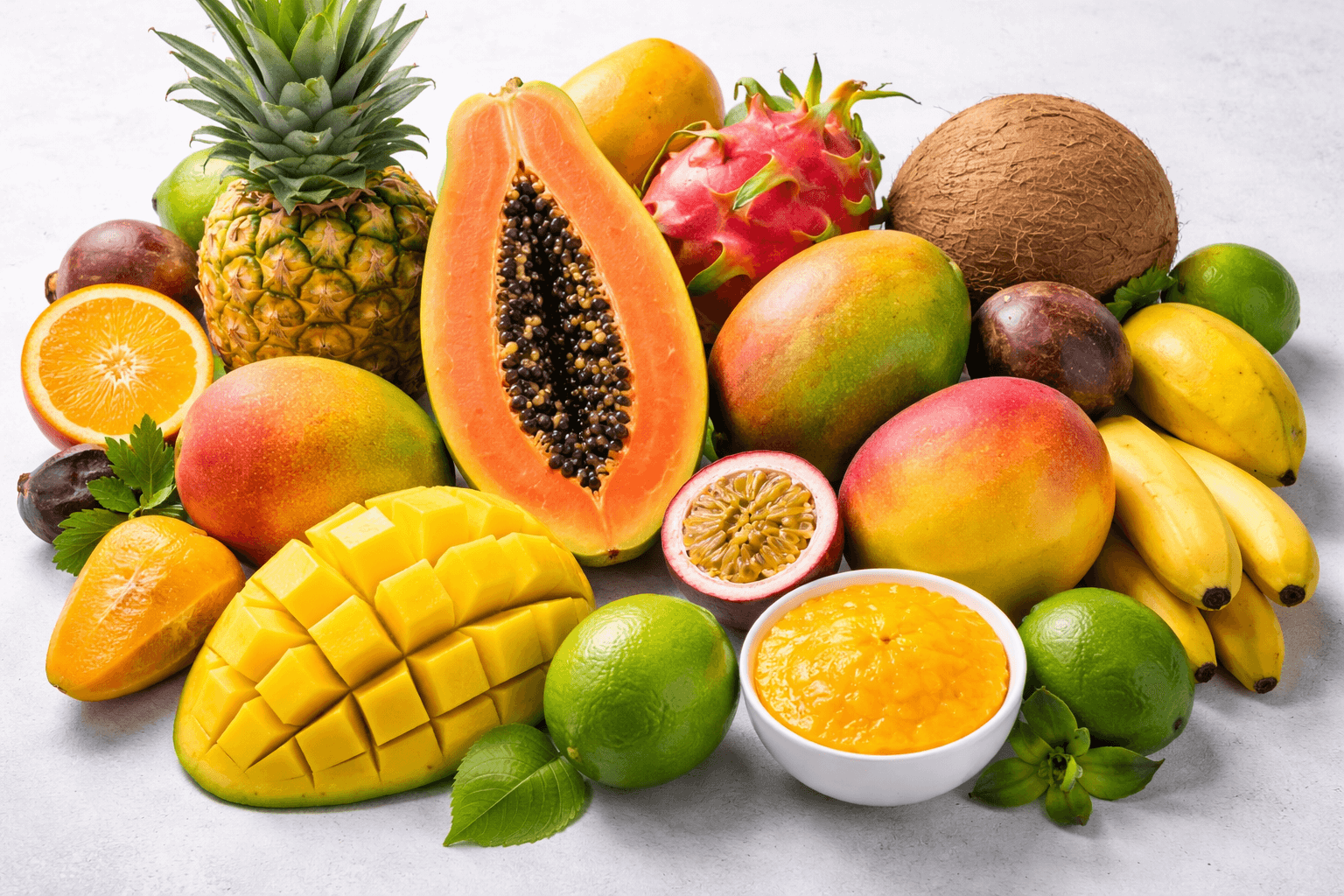 Assorted tropical fruits including mango, pineapple, papaya, and passion fruit displayed fresh and cut to highlight natural variety