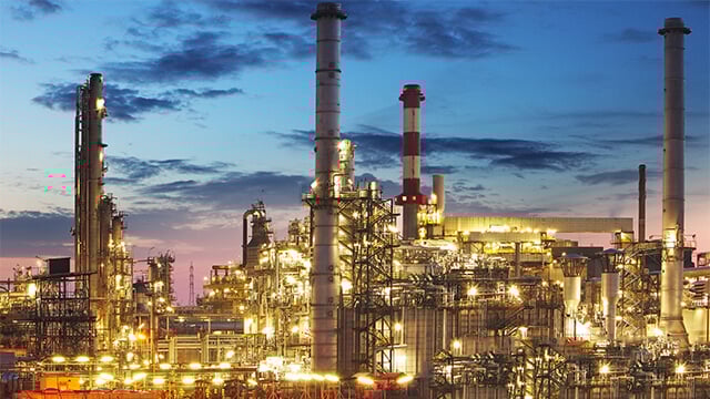 Refinery lit up at night